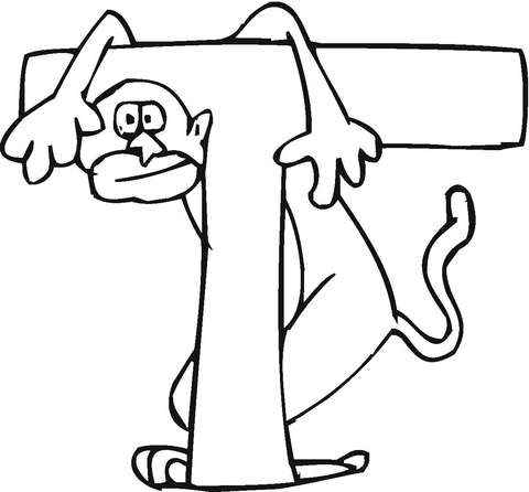 Letter T With Monkey Coloring Page